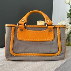 Celine Vintage Boogie Handbag Orange Leather and Gray Canvas EUC